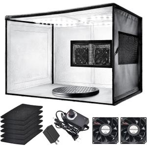 Airbrush Spray Booth with Dual Exhaust Fans,Portable Airbrush Paint Booth for Airbrushing,2 Round Led Lights with 360 Coverage,Turntable and Extension Hose,Hobby Spray Booth Kit for Painting Model