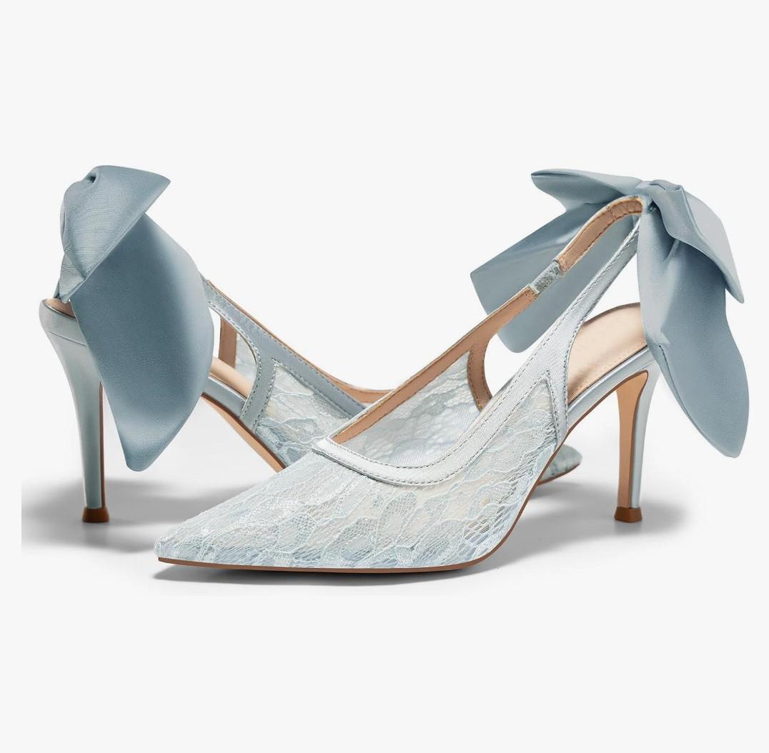 Coutgo Womens Slingback High Heels Bow Closed Pointed Toe Lace Patchwork Party Dress Shoes, Size 9