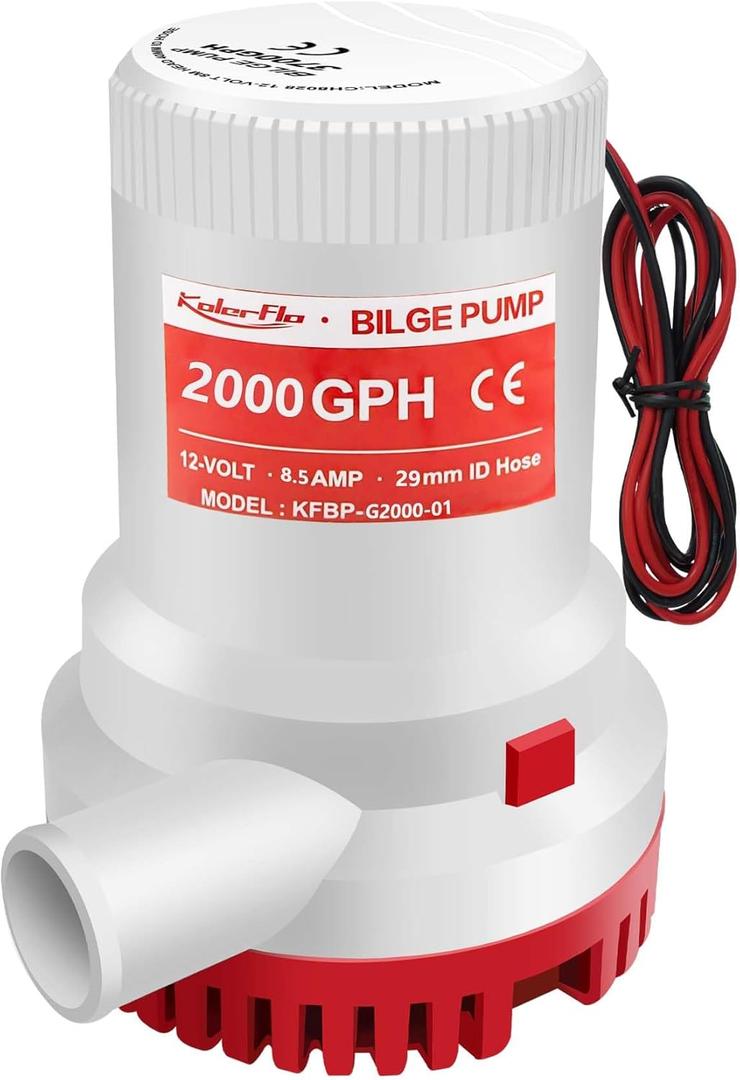 12V 2000GPH Bilge Pump High Performance, 1-1/8 inch Outlet Boat Pump with Float Switch, Marine Pump for Marine Accessories, Ponds, Pools, Spas Silent (2000GPH Bilge Pump)