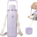 Insulated Water Bottle with Handle and Strap,Vacuum Travel Tumbler with Cup Lid,Thermo Coffee Cup for Hot Cold Drinks 50 OZ,Purple