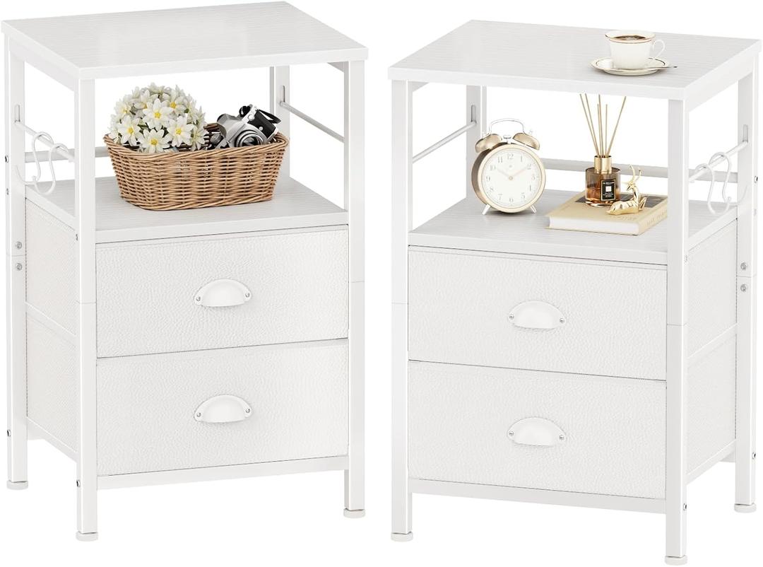 Furologee Nightstands Set of 2, End Table with 2 Fabric Drawers, Night Stand with 2 Hooks, Open Wood Shelf Bedside Table for Bedroom/Living Room/White, 2pc