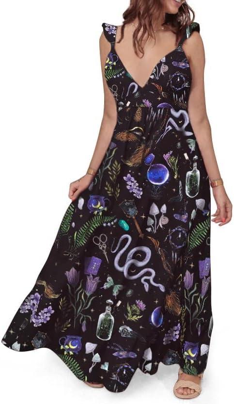 Womens Summer Dresses Mystical Gothic Maxi Dress Women's Casual V Neck Sleeveless Sundresses Beach Outfits for Woman (Black, XL)
