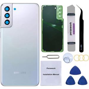 Rear Back Glass Replacement Compatible with Samsung Galaxy S21+ Plus 6.7-inches with Reparing Toolkit and Pre-Installed Adhesive (Phantom Silver)