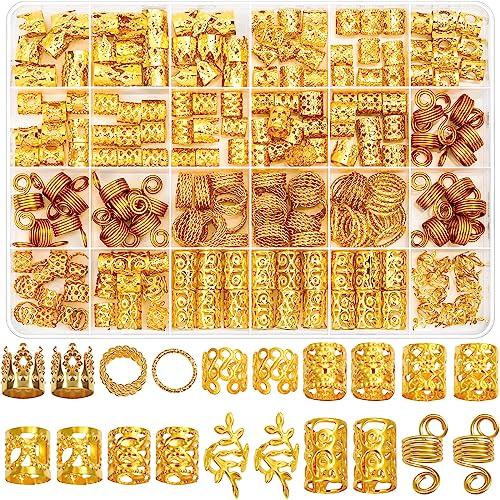 Lucomb 220 Pcs Gold Hair Jewelry for Braids, Loc Jewelry for Hair Dreadlock, Loc Charms for Women, Metal Gold Braids Rings Cuffs Clips for Dreadlock Accessories Clip Braids Extensions Decorations