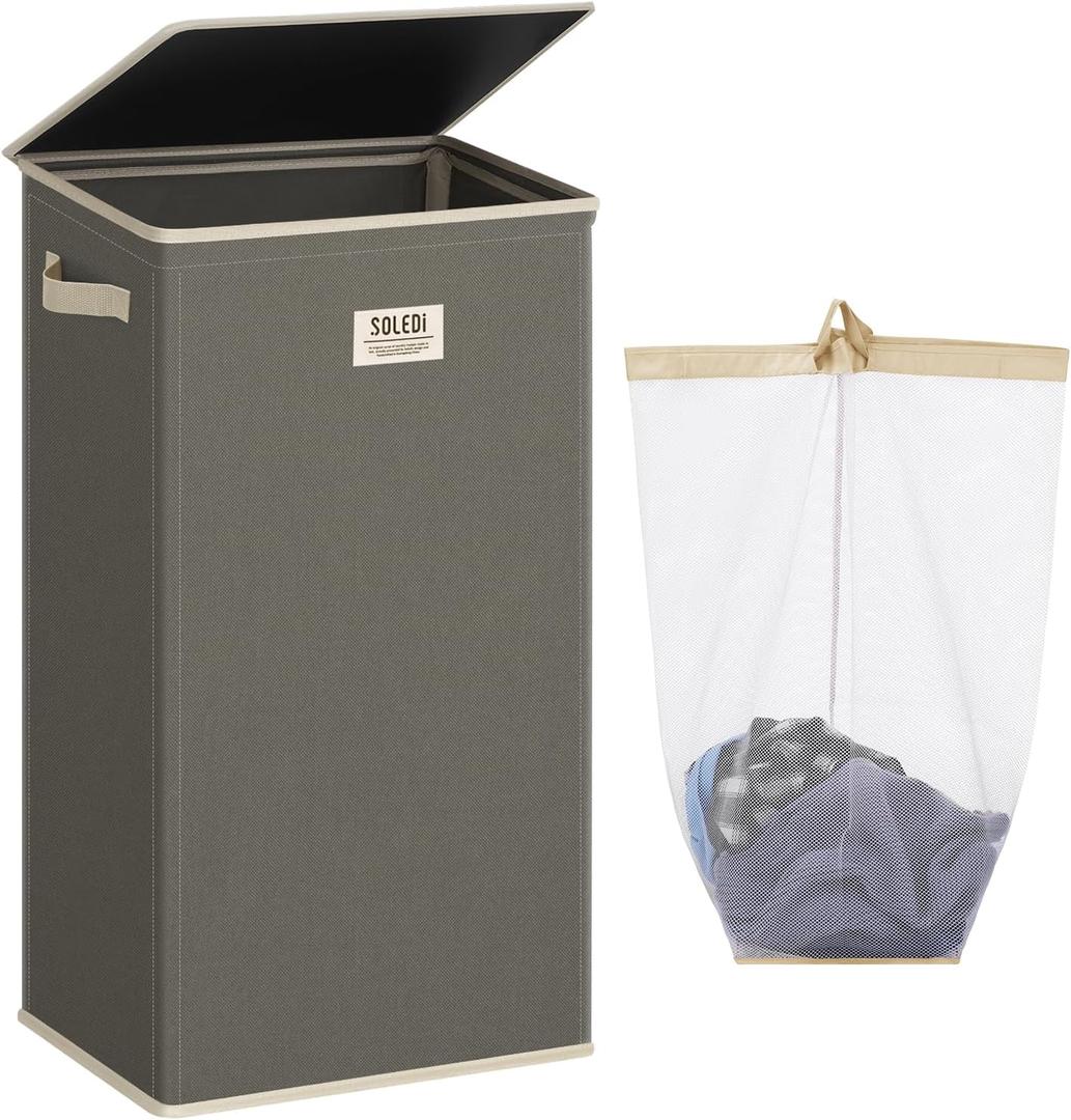 SOLEDI Laundry Hamper with Lid 100L Large & Tall Collapsible Laundry Basket, Clothes Hamper with Bag Removable Easy to Carry, Dirty Hampers for Bedroom, Bathroom, Dorm, College, Cement