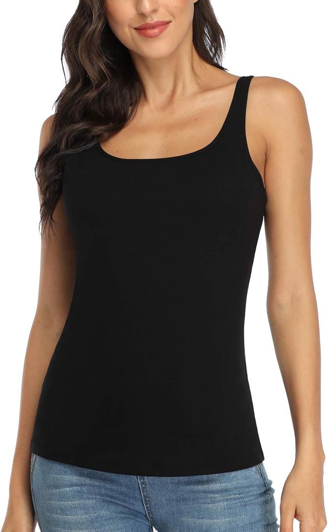 V FOR CITY Women's Cotton Tank Top with Shelf Bra Adjustable Wider Strap Camisole Basic Cami Tanks (Large, Black)