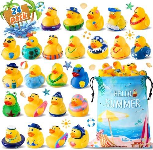 24 Pcs Summer Rubber Ducks with a Bag, Ducks for Jeeps, Assorted Beach Toys for Duckies Games, Summer Gifts Prizes for Kids, Summer Party Favors, Swimming Pool Water Bath Toys