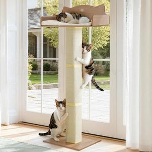 Cat Window Perch with Thick Sisal Scratching Post, Cats Hammock for Window with 3 Upgrade Suction Cups, Adjustable Tall Cat Scratching Post with Large Perch, Cats Window Bed with Fluffy Cushion