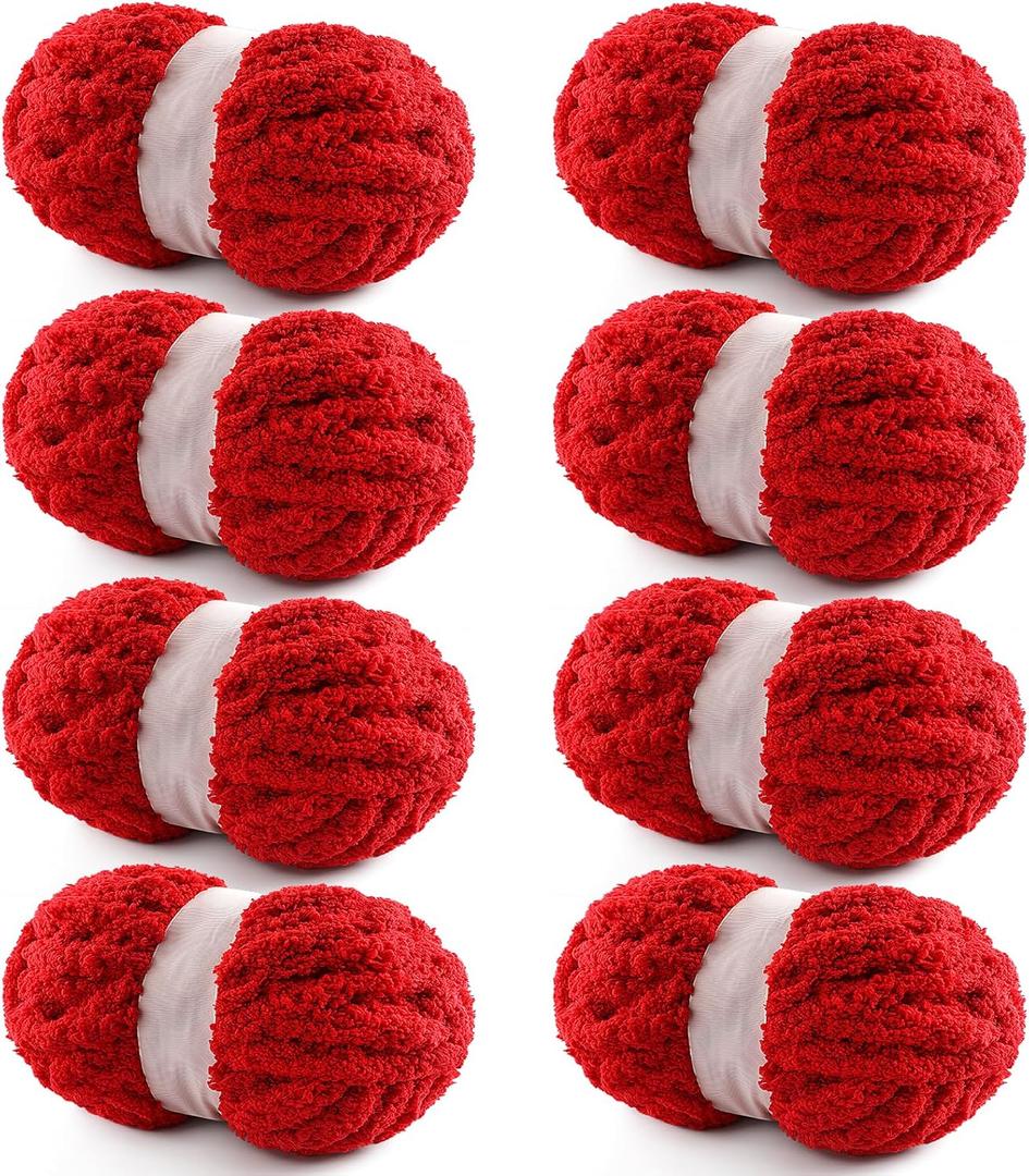 8 Pack Chunky Yarn for Hand Knitting - Chunky Chenille Blanket Yarn for Crocheting - Jumbo Fluffy Yarns for Crochet - Super Bulky Yarns 25 yds 7.7 oz Each Skein (Red)