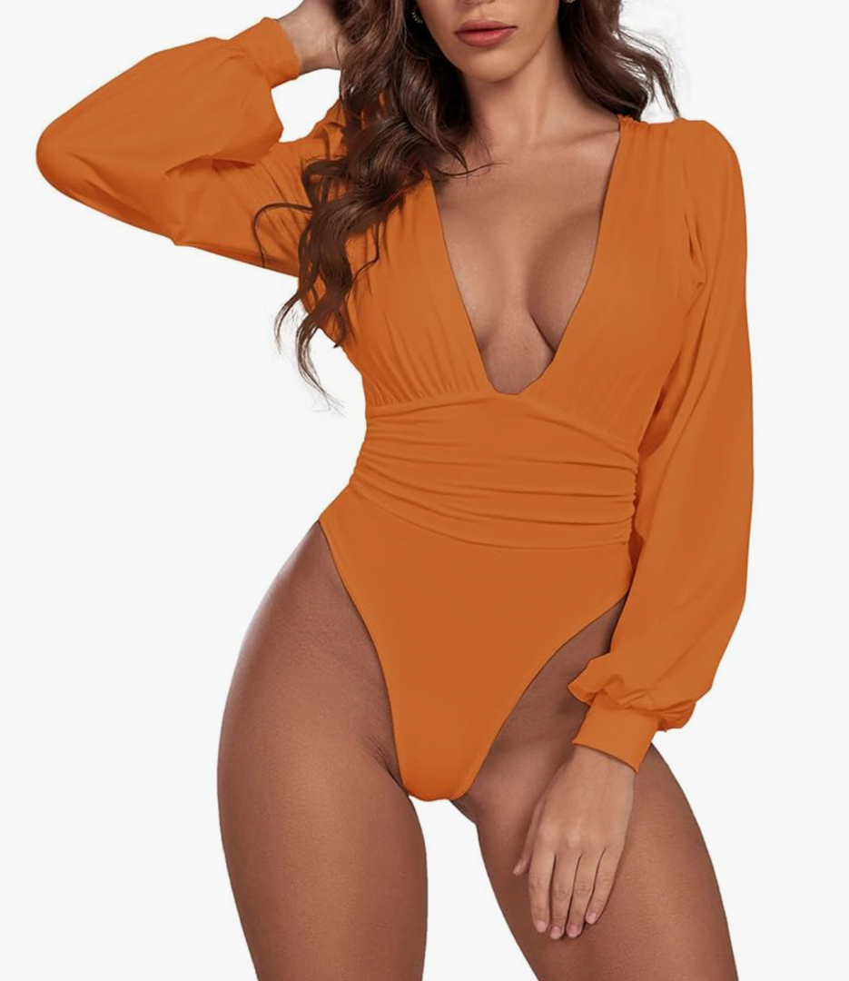 Umenlele Women's Plunging V Neck Ruched Pleated Long Sleeve Top Leotard Bodysui S