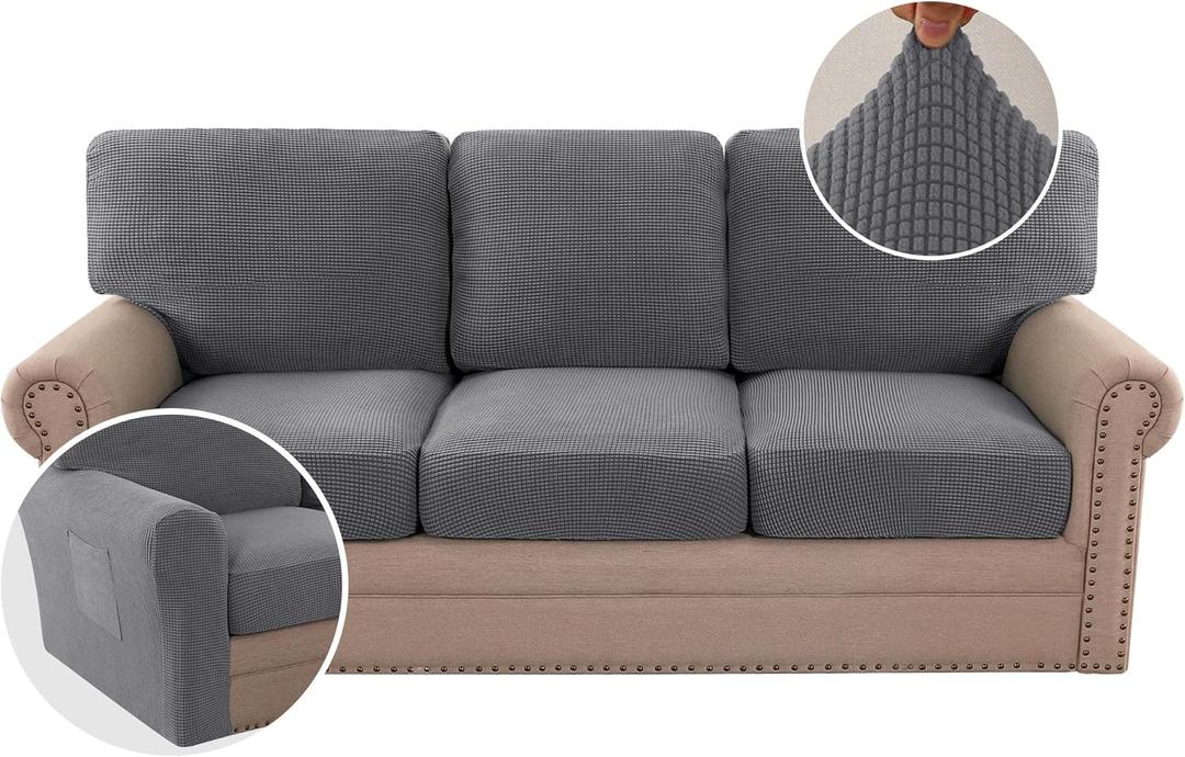 H.VERSAILTEX Multi-Pieces Sofa Covers Stretch Couch Covers Form Fitted Seats and Back Cushions Covers (3 Seat Covers Plus 3 Back Cusion Covers, Bonus 2 Armrest Covers), Grey (Neutral Gray)