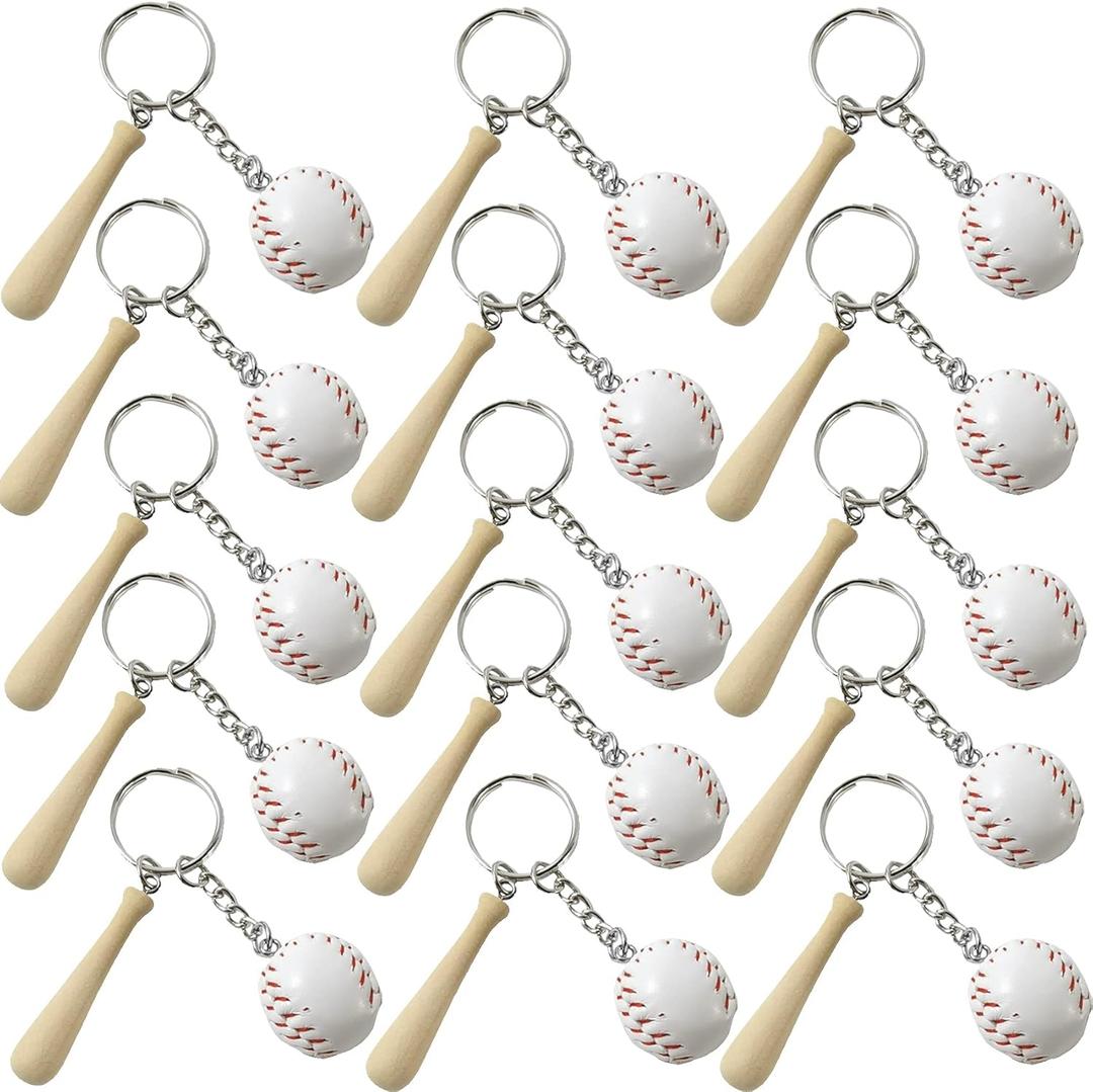 ROYHOO 15PCS Mini Baseball Keychain with Wooden Bat for Sports Theme Party Team Souvenir Athletes Rewards Party Favors for Adults