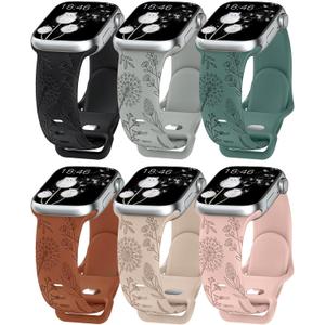Minyee Floral Engraved Band Compatible with Apple Watch 41mm 40mm 38mm 42mm 44mm 45mm 46mm 49mm Women, Cute Soft Silicone Flower Sport Fancy Strap for iWatch Series 11 10 9 8 7 6 5 4 SE/Ultra 3 2 1 (Black/Light Gray/Green/Brown/Walnut/Pink)