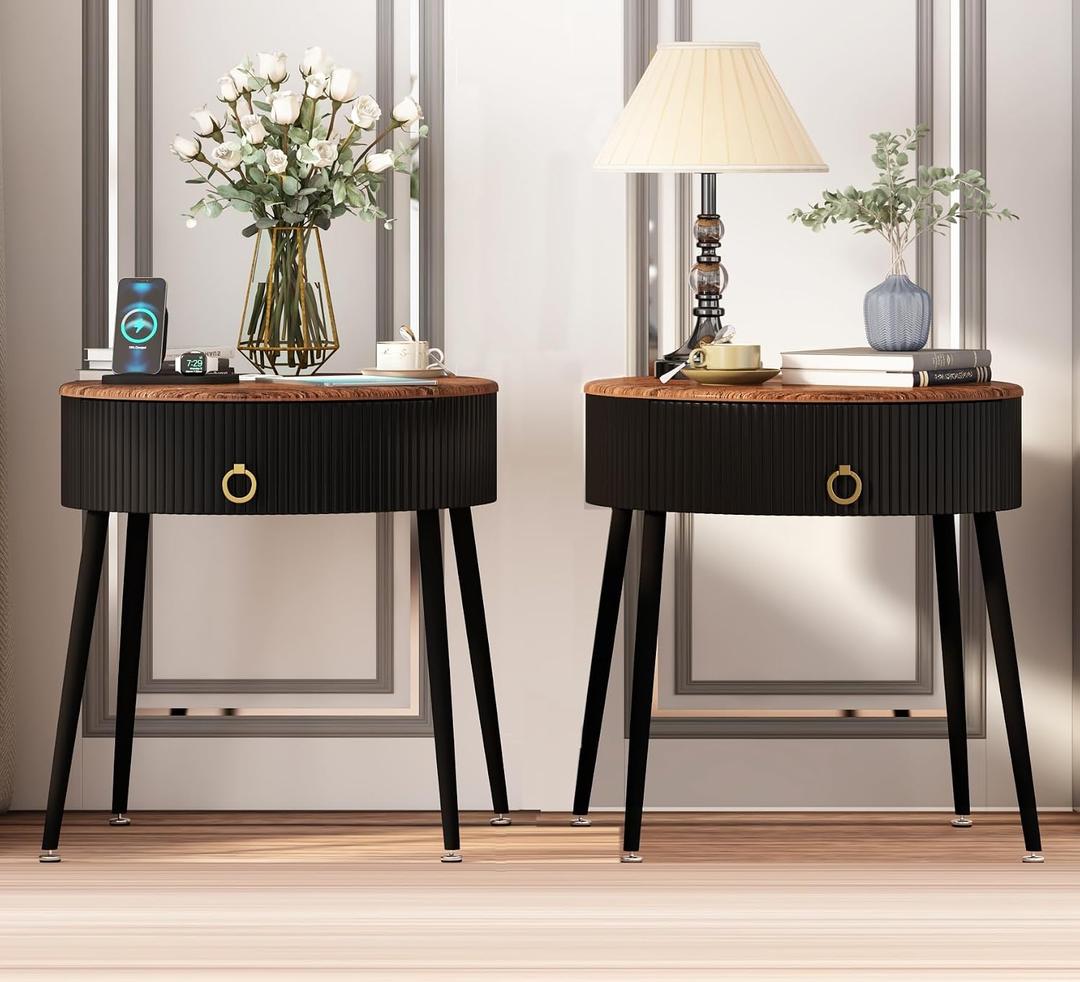 OIOG Side Tables Set of 2, Round Nightstand with Drawer, Modern Bedside End Tables for Small Space, Living Room, Bedroom, Office, Dorm, Rustic Brown and Black, 22.64 inches x 19.69 inches x 20.63 inches