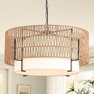 SupMaka 6-Light Large Rattan Chandelier, 25.6" Boho Pendant Light with Fabric Shade, Farmhouse Ceiling Light Fixture Chandelier for Dining Room, Living Room, Bedroom, Kitchen Island, Foyer, Hallway