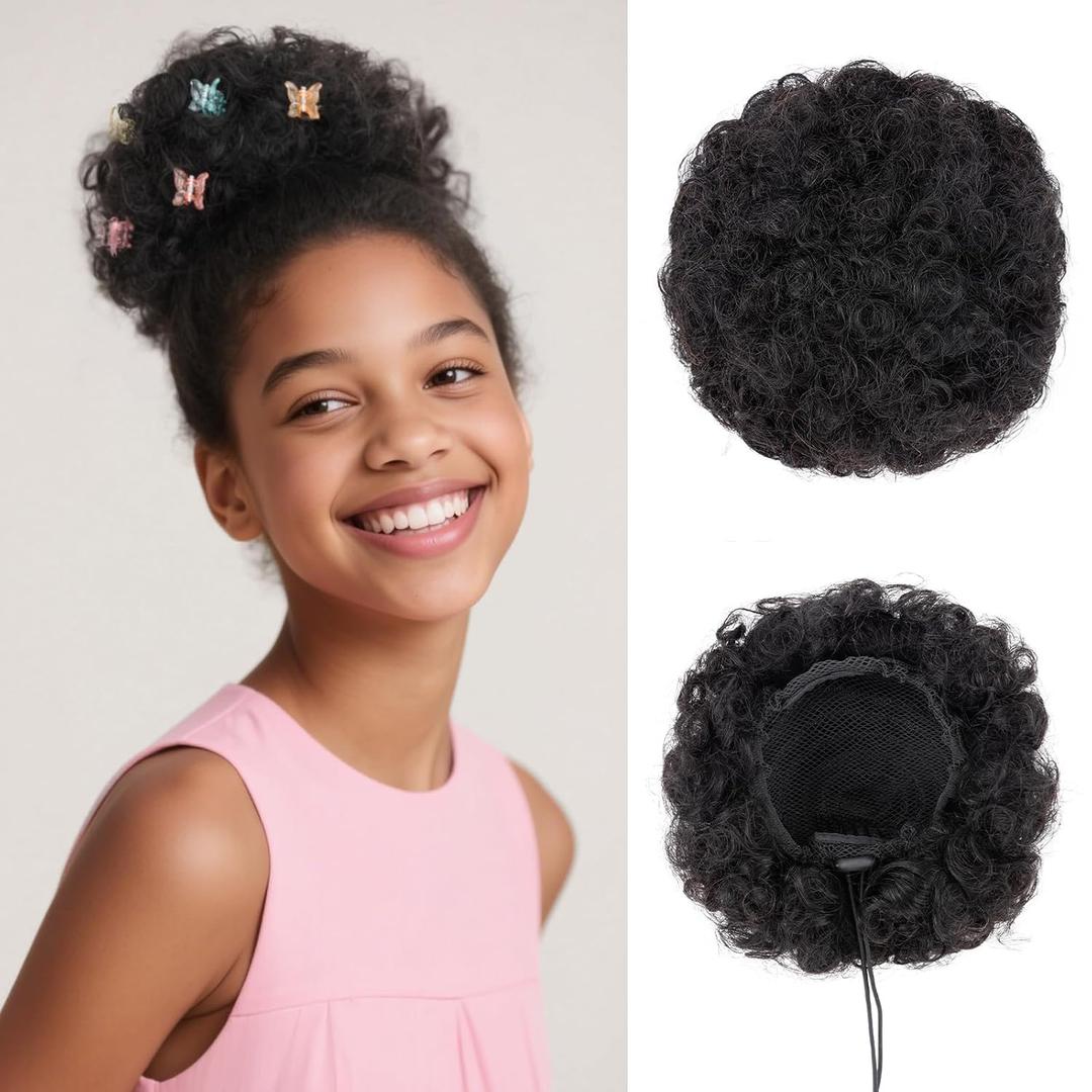 TESS Afro Puff Hair Bun Human Hair Small Drawstring Ponytail, Natural Black Curly Hairpiece with 5 Styling Hair Clips, 8 inch One piece per pack