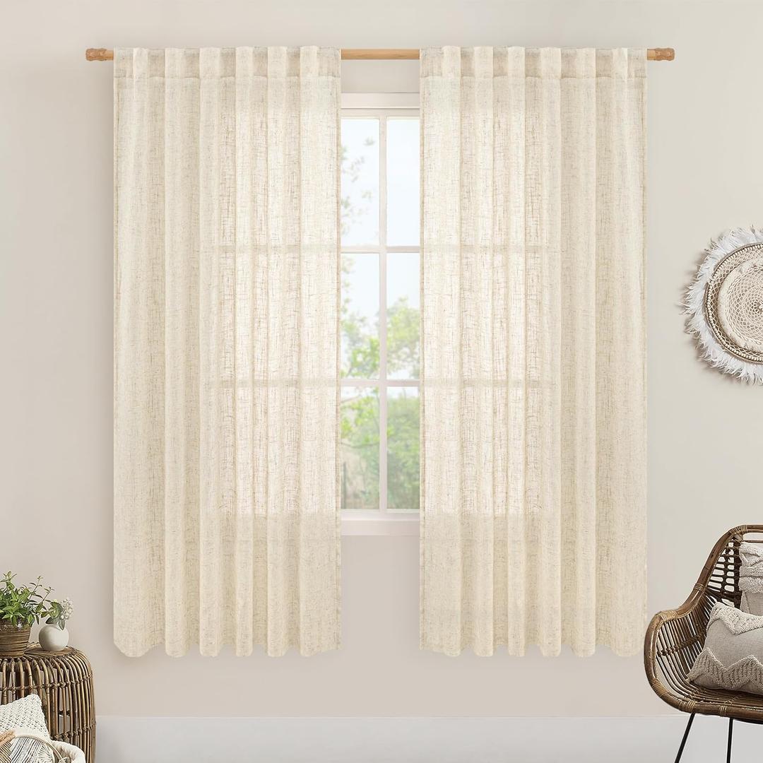 LAMIT Beige Linen Curtains for Living Room 2 Panels Set, 68 Inch Faux Linen Textured Light Filtering Drapes Back Tab and Rod Pocket Boho Panels for Farmhouse/Bedroom/Porch, 52 x 68 Inch