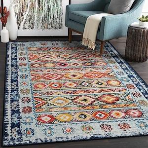 Wonnitar Boho 3x5 Washable Area Rug, Colorful Non-Slip Entry Rug, Moroccan Trellis Small Living Room Mat, Vintage Kitchen Low Pile Floor Carpet for Mud Room Bathroom Office (Blue/Multi,3'x5')