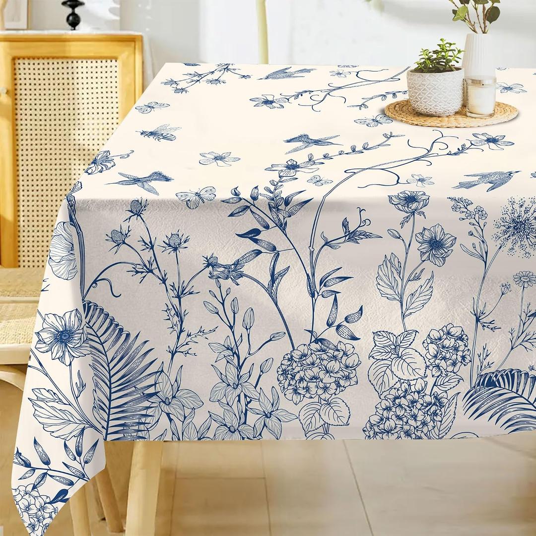 Hexagram Floral Tablecloth 60x120 Inches Rectangle Summer Table Cloth Stain Resistance Restaurant, Picnic, Indoor and Outdoor Dining Decoration Blue