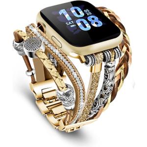 Compatible with Apple Watch Band 40mm for Women, Boho Bracelet for Apple Watch 38mm 41mm, Multilayer Leather Wrap Braided Strap for iWatch Series 10(42mm)/9/8/7/6/5/4/3/2/1/SE Gold