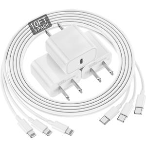 for iPhone Charger Fast Charging 10 FT, Long USB C to Lighting Cable 10 Foot with 20W USB C Rapid Phone Charger Block, Compatible with iPhone 14 Pro/13Pro Max/12/11Pro/Mini, 3 Pack-White
