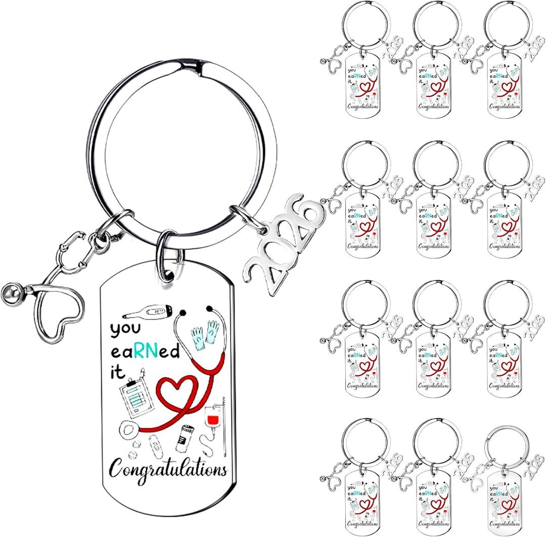Nosiny 12 Pcs RN Nursing 2026 Graduation Party Favors Stainless RN Nurse Keychain Gifts Bulk for CNA Week Class of 2026 Nurse Graduation Keychain Gifts You Earned It CNA Nursing Party Favors Supplies