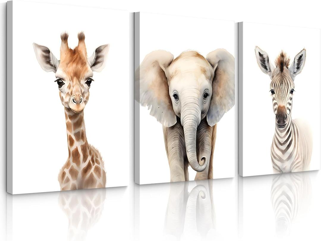 Lhoiplme Nursery Animal Wall Art Safari Baby Wall Decor Boy Room Nursery Canvas Prints Jungle Animal Art Pictures Kids Cute Safari Poster for Girl Bedroom 12x16 Inch Wrapped Canvas Set of 3 (Elephant Giraffe Prints)