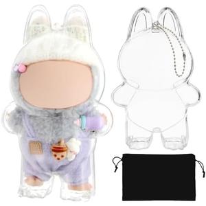2 x GrillGauge Protective Case for LABUBU, Plastic Clear Display Box with Key Chain for Dolls, Protective Cover for Plush Toy, Transparent PVC Bag for Storage (No Doll, 17cm)
