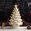 VCUTEKA Small Ceramic Christmas Tree Hand-Painted Vintage Tabletop Christmas Tree White Golden Holiday Decoration with Multi-Color Lights 11 inch