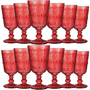 Eaasty Wine Glasses Set of 12 Vintage Goblet 9 oz Vintage Colored Glass Goblet Beverage Stemmed Glass Cups Romantic Embossed Glassware for Wedding Party Holidays Anniversary (Red)