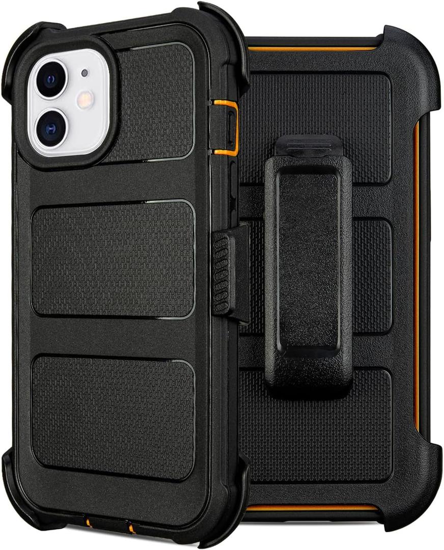 For Defender Phone Case iPhone 12 Case with Belt Clip, for Shockproof iPhone 12 Case Heavy Duty Rugged, 2 Layers of Sturdy for iPhone12 Cases, Military-Grade Cover for iPhone12Case Black & Orange