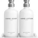 White Glass Soap and Lotion Dispenser Set by Brighter Barns - Bathroom Soap Dispenser Set Tray - Liquid Hand Soap Dispenser Pump - Modern Bathroom Accessories for Guest, Hotel, Spa, Restaurant (White)