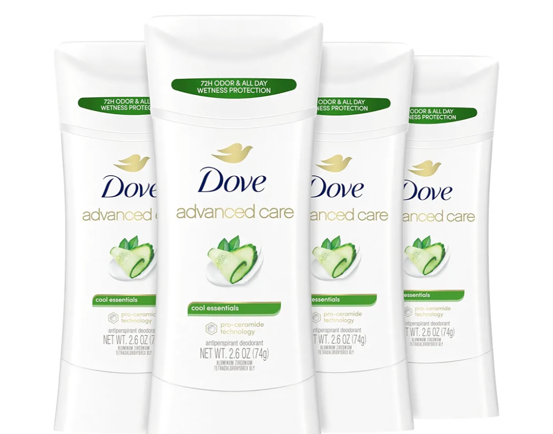 Dove Advanced Care Antiperspirant Deodorant Stick Cool Essentials 4 ct for helping your skin barrier repair after shaving 72 hour odor control and sweat protection with Pro Ceramide Technology 2.6 oz