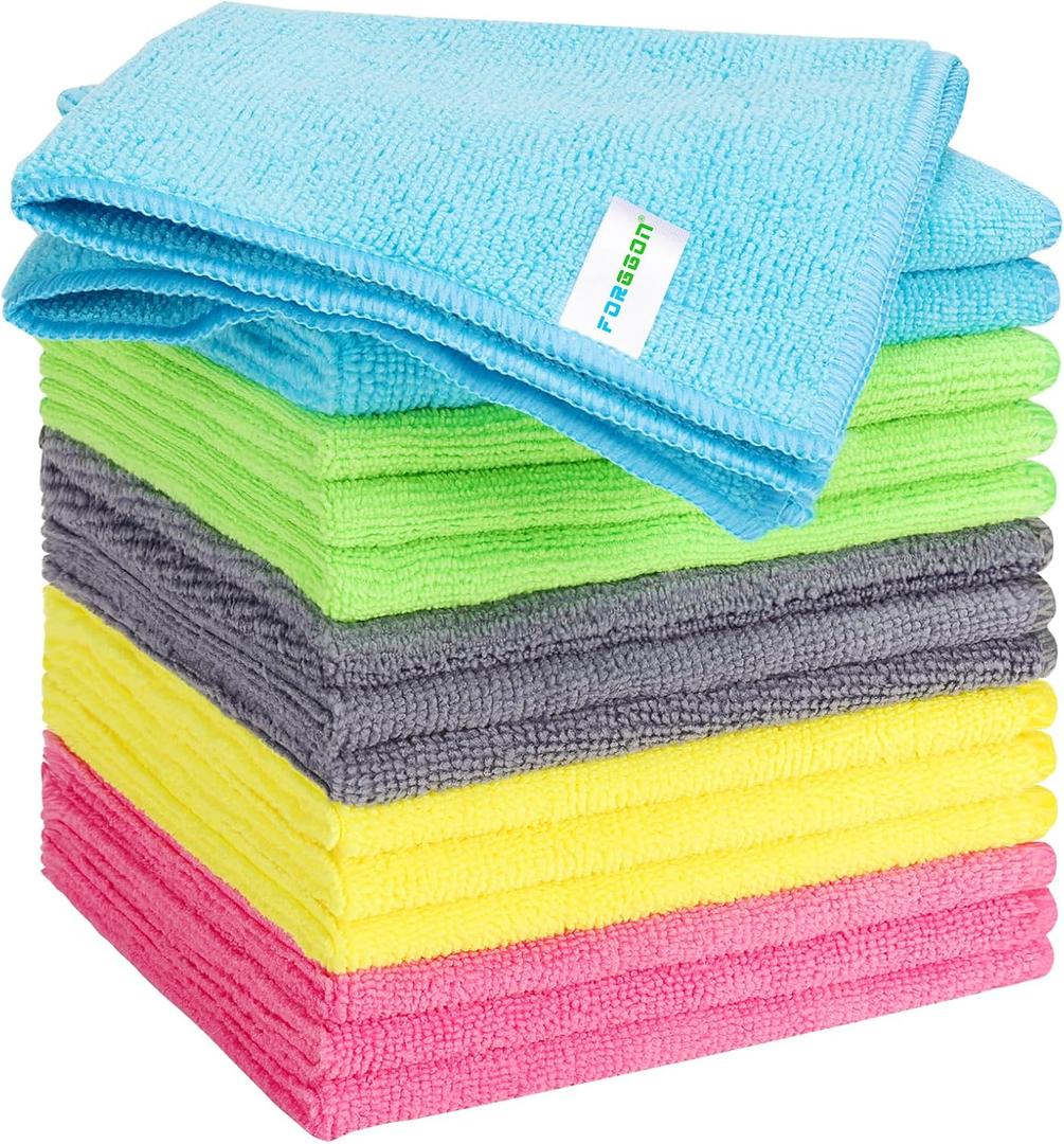 Forggon 15pcs Microfiber Cleaning Cloth Lint Free, Absorbent, Streak Free, Non-Abrasive, Reusable and WashableCleaning Towels with 5 Color Assorted,11.5"X11.5"(Green/Blue/Yellow/Pink/Grey)