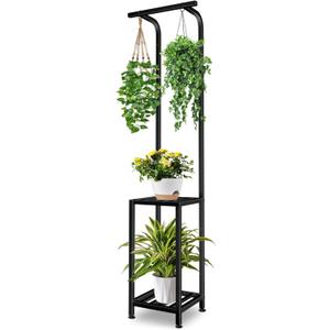 Plant Stand Indoor Outdoor, 65" Tall Plant Stand Outdoor 3 Tiered Hanging Plant Shelf Heavy Duty Flower Stand Multiple Plant Metal Display Rack for Living Room Garden Balcony