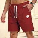 Men's Corduroy Shorts Casual Elastic Drawstring Lightweight Summer Beach Shorts with Pockets (Red, M)