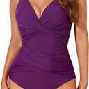 Smismivo Tummy Control Swimsuits for Women Slimming One Piece Bathing Suit Retro Ruched Push Up Vintage Padded Swimwear (Small, Purple)