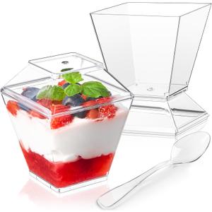 Soelomu 50 Pack 3.5 oz Mini Dessert Cups with Lids and Spoons, Square Appetizer Cup Clear Plastic Shooter Cups for Serving Parfait, Pudding, Fruit, Jello