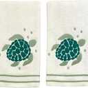 Serafina Home Coastal Nautical Bathroom Fingertip Towels - Set of 2 100% Cotton White Embroidered Green Sea Turtle Design - 18 x 12 Summer Bath & Kitchen Decor