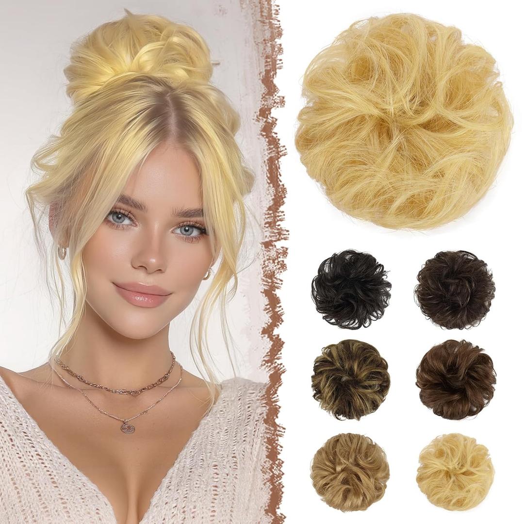 FESHFEN Human Messy Buns - 100% Human Hair Bun Real Scrunchies Hair Pieces Ponytail Extensions Wavy Tousled Updo Chignon Hairpieces for WomenMixed Blonde