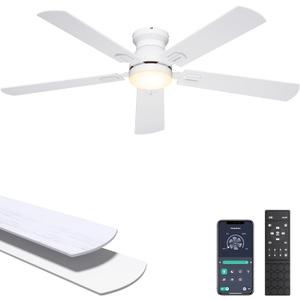 Ohniyou Ceiling Fans with Lights, 52 Inch Low Profile Ceiling Fan with Light and Remote/APP Control, Flush Mount, Dimmable, Qiuet DC Motor, White Ceiling Fan for Bedroom, Living Room
