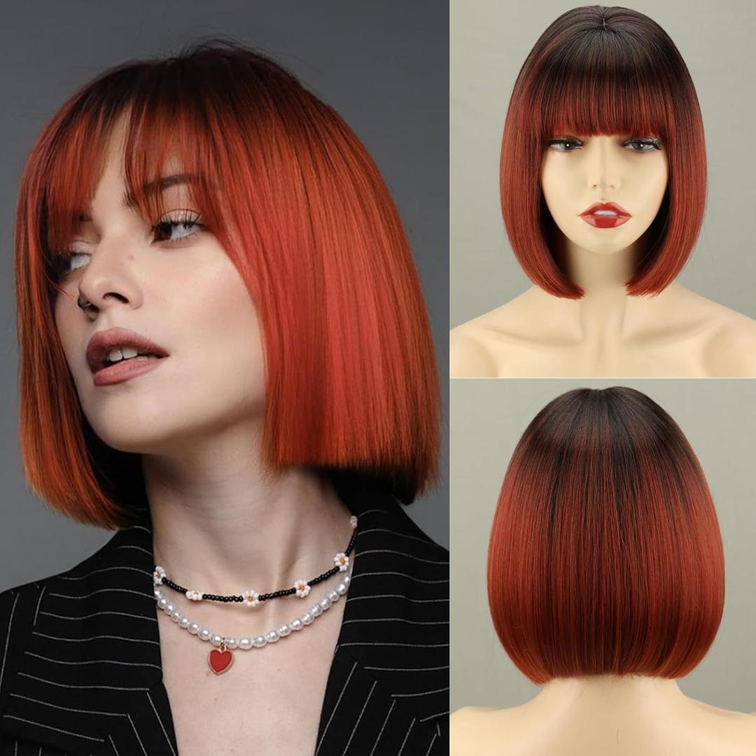 WERD Ombre Orange Bob Wig with Bangs Natural Short Orange Wigs for Women Synthetic Hair Straight Bob Wig for Daily Party Cosplay