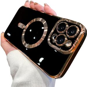 Case Compatible with iPhone 13 Pro Max Case Compatible with MagSafe Camera Protector Plating Gold Edge Soft TPU Shockproof Case for iPhone 13 Pro Max Case (6.7 Inch) (Black)