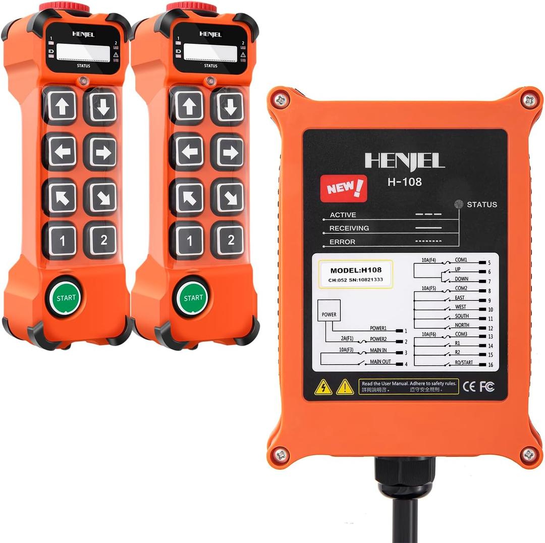 Wireless Crane Remote Control 8 Channel Button Industrial Radio Overhead Bridge Hoist Crane Controller 2 Transmitters and Receiver H108 12-65V