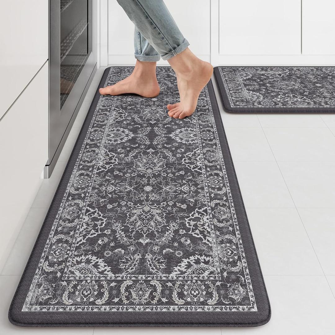 KIMODE Comfort Kitchen Mats for Floor Cushioned Anti Fatigue 2 Piece,Boho Floral Kitchen Rugs Non Slip,Waterproof Memory Foam Kitchen Mat Carpet for Laundry Office Home,Dark Grey 17"x29.5"+17" x47