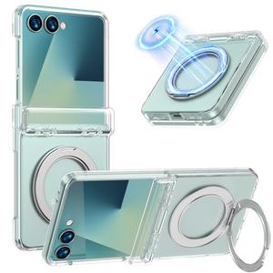 KJSK for Samsung Galaxy Z Flip 7 Case,Built-in 360°Magsafe Rotate Kickstand with Slim Shockproof Matte Protection,Anti Yellowing,Built-in Hinge Protection,Clear