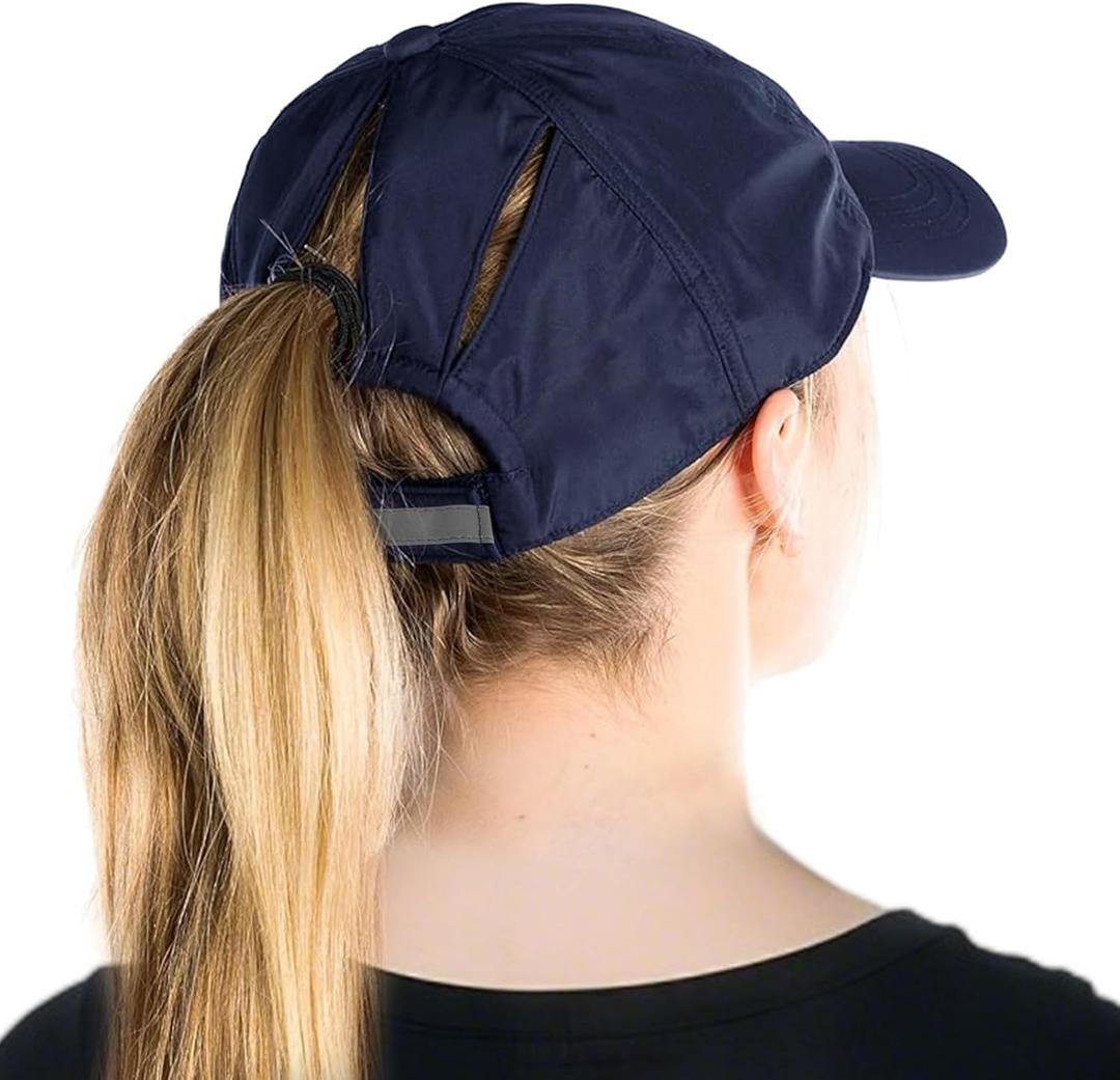 TOP-EX Oversized L XL XXL Women High Ponytail Messy Bun Packable Unstructured UV 50 Baseball Cap Running Hat (Navy)