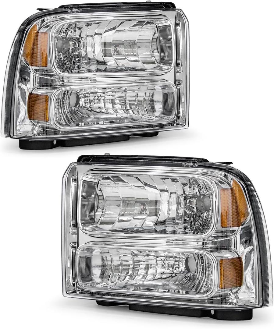 for 05 06 07 Ford F250 F350 F450 F550 Super Duty Headlight Assembly Compatible with with 2005 Ford Excursion Chrome Housing Headlamp Amber Reflector Left+Right Side(Bulbs not included)
