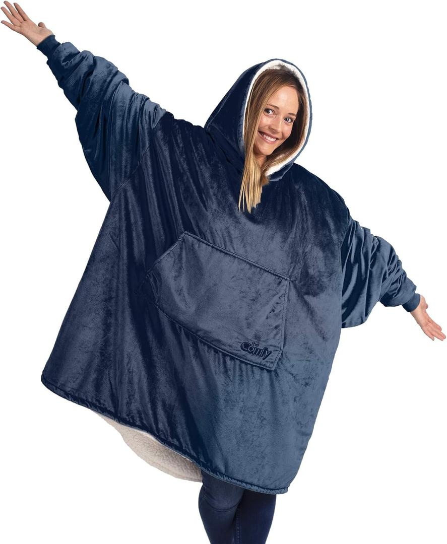 THE COMFY Original | Sherpa Lined Microfiber Fleece Wearable Blanket, Oversized Design with Hood and Pocket from Shark Tank (Blue)