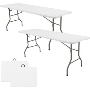 Set of 2 Folding Table 5 FT Camping Table Portable Heavy Duty Plastic Rectangular Outdoor Dining Table Steel Legs Fold-in-Half with Carrying Handle for Indoor,Picnic,Party,Wedding,Events(White)